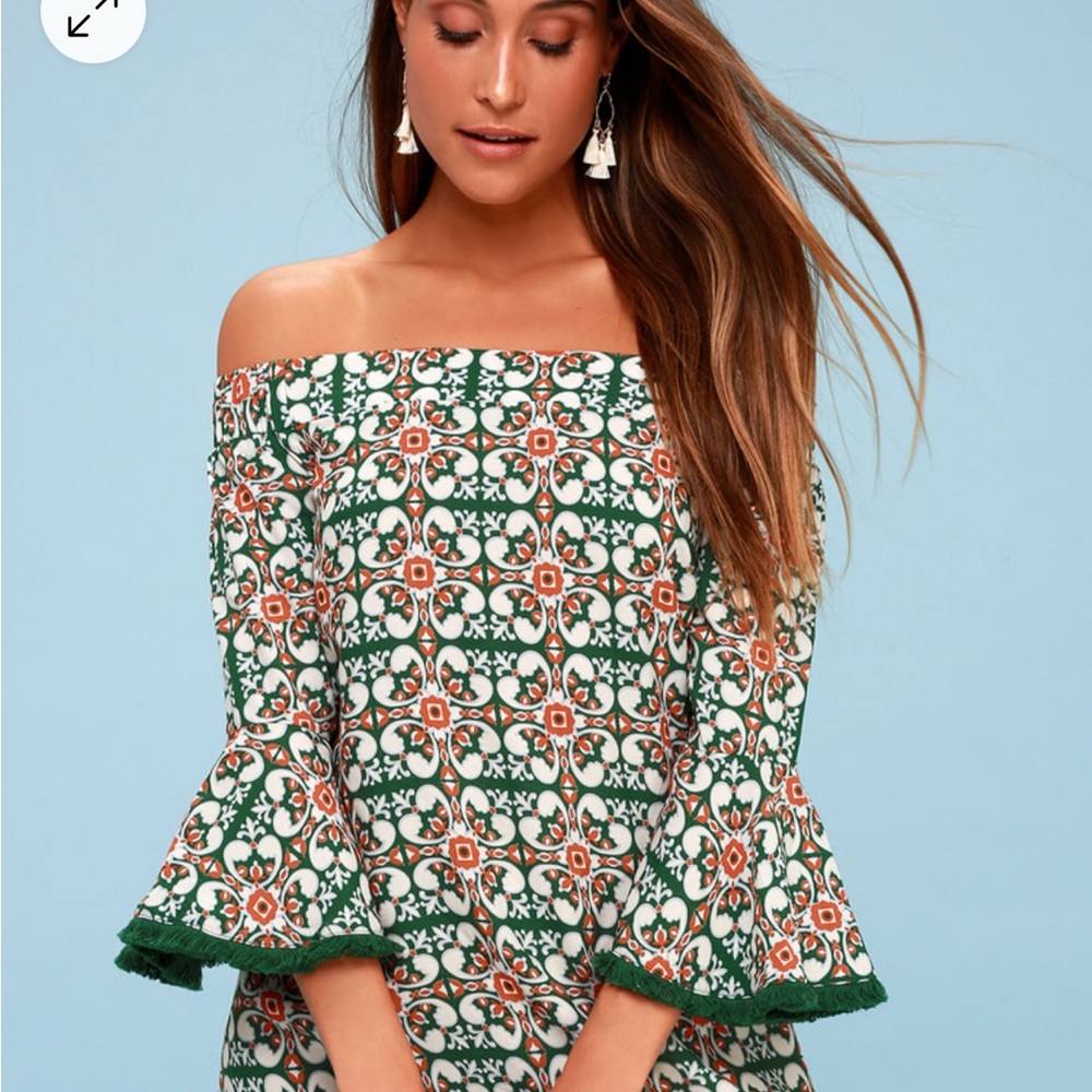 LULUS Wanderlust for Life Green Print Off-the-Shoulder Mini
Dress - Picture 4 of 7